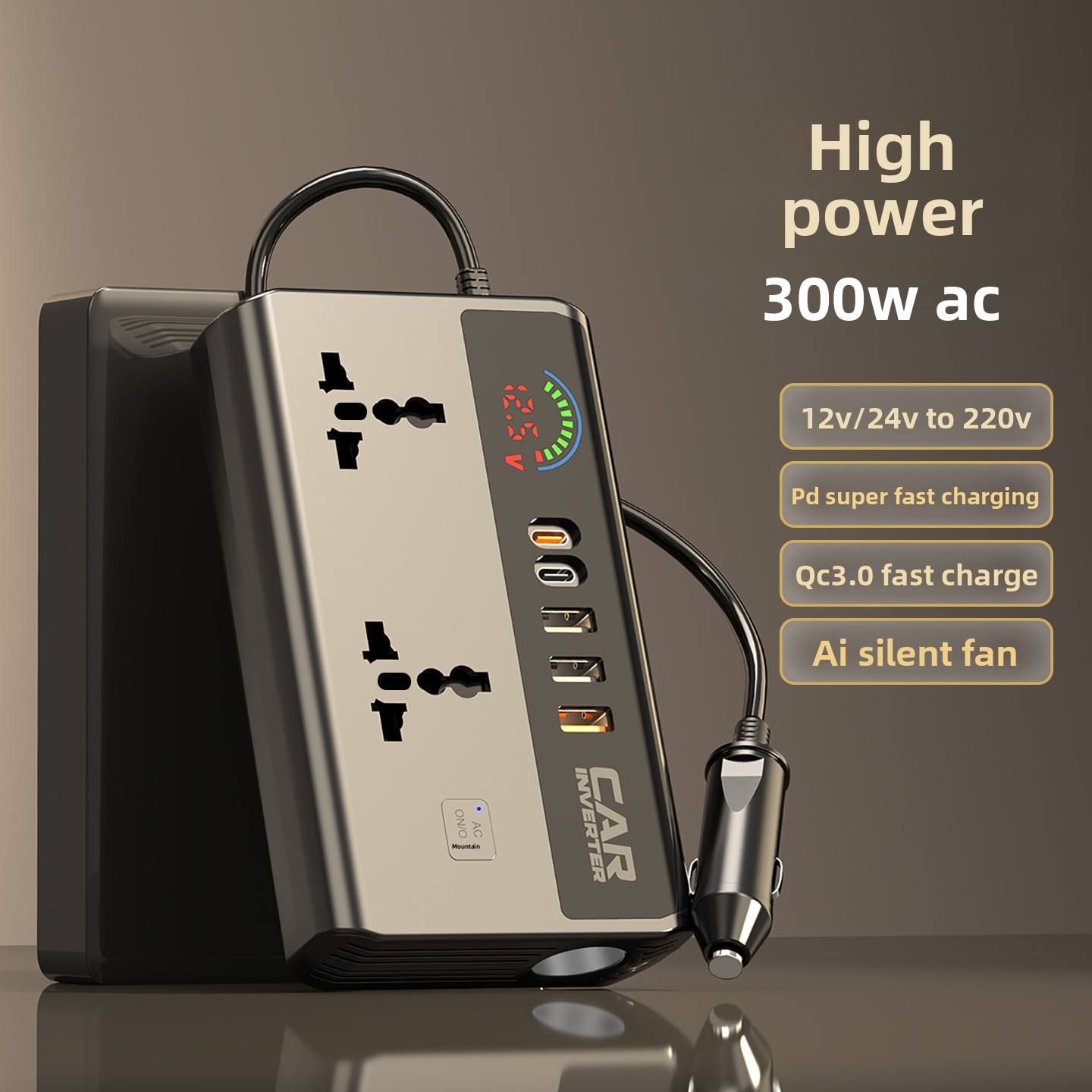 Car Truck Inverter 12V 24V to 220V with Smart Chip QC3.0 Fast Charging for Laptops Tablets & Phones USB Ports Included Wireless Carplay Adapte