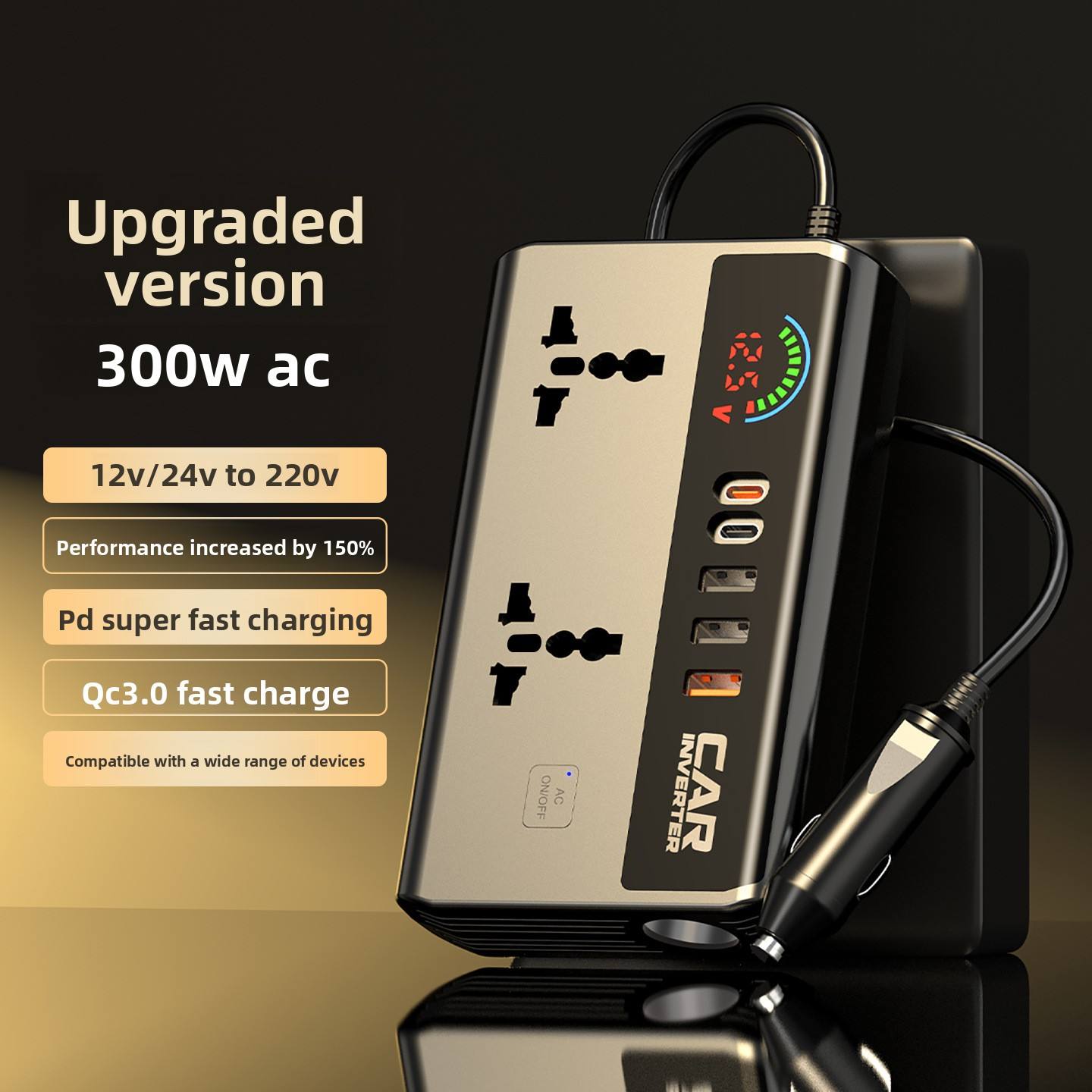 Car Truck Inverter 12V 24V to 220V with Smart Chip QC3.0 Fast Charging for Laptops Tablets & Phones USB Ports Included Wireless Carplay Adapte