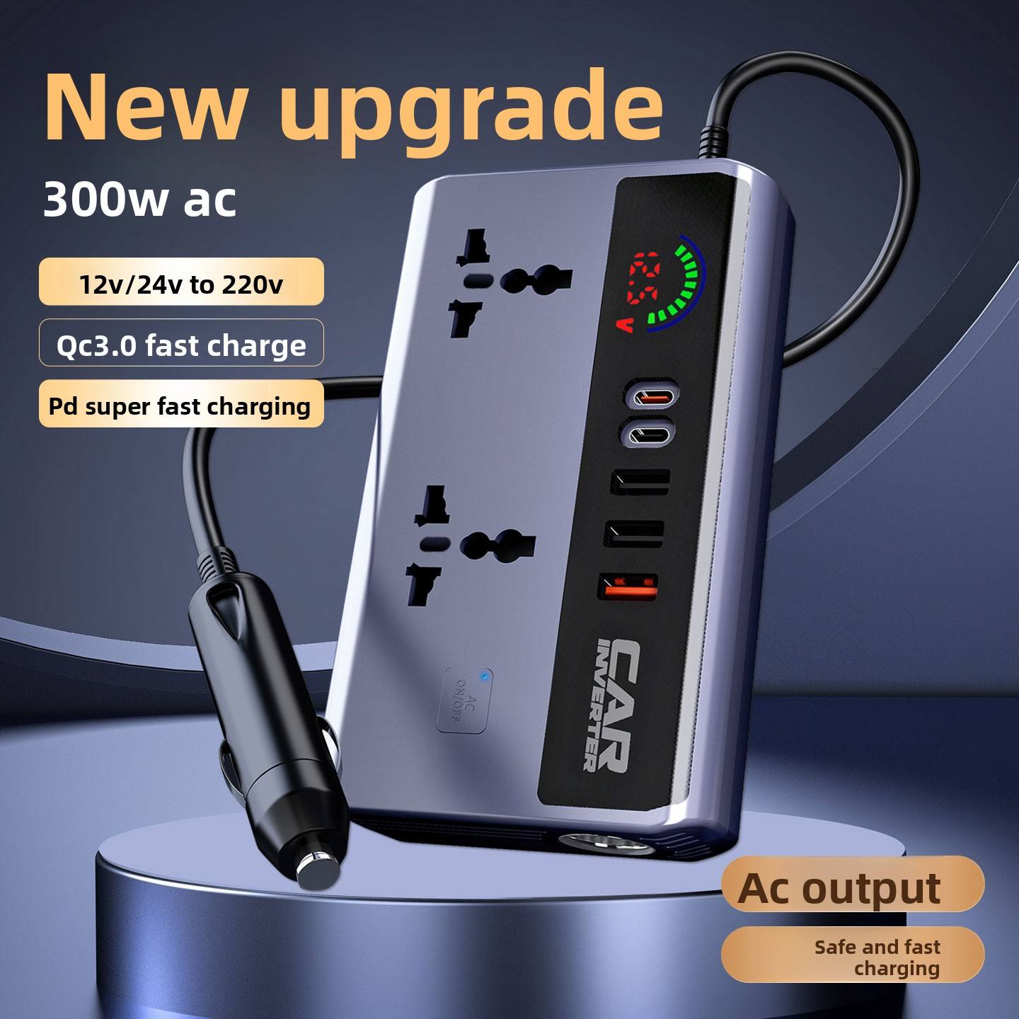 Car Truck Inverter 12V 24V to 220V with Smart Chip QC3.0 Fast Charging for Laptops Tablets & Phones USB Ports Included Wireless Carplay Adapte